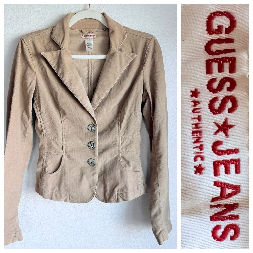 Vintage Y2K Guess Stretch Corduroy Jacket Mandala Metal Buttons in Camel Tan S